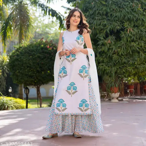 Cotton printed kurta set with dupatta and pants, sleeveless, Indian fashion on mannequin