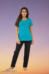 Rama green hosiery night suite set for women, 100% cotton pyjamas with round neck and short sleeves