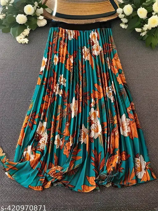 Floral Print Elastic Waist Pleat Skirt - Crepe, Indian-made casual elegance with pleats and a spring floral design