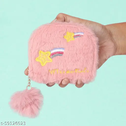 Pink PU soft fur semicircle clutch wallet, durable and washable, holding 3 card and coin compartments