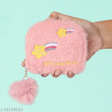 Pink PU soft fur semicircle clutch wallet, durable and washable, holding 3 card and coin compartments