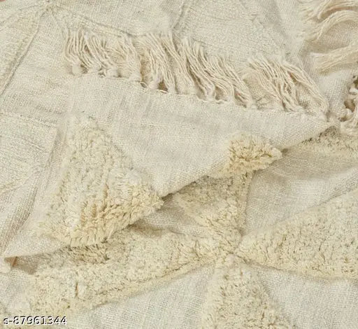 Off-white cotton geometric triangle square throw tassels, 60x50 inches for sofa handmade in India