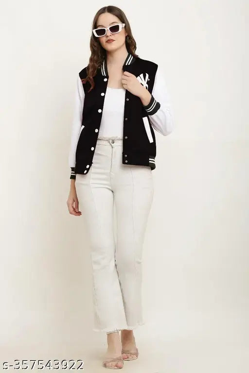 Black long sleeve cotton jacket with printed pattern, luxurious fleece fabric for cold-weather comfort and New York style