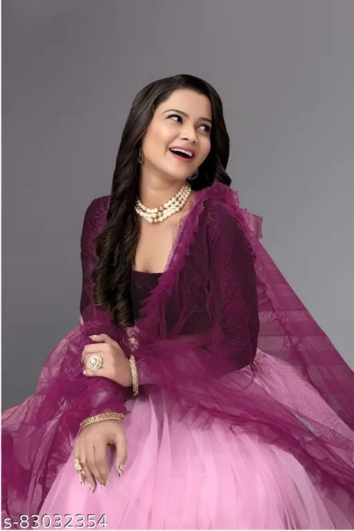 Women's dark pink velvet lehenga-choli bridal set with net dupatta, semi-stitched (waist 44in, length 48in)