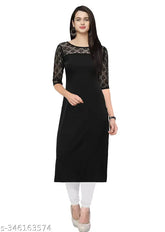 Black crepe kurti with 3/4 length sleeves and round neck, suitable for casual and formal occasions