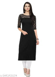 Black crepe kurti with 3/4 length sleeves and round neck, suitable for casual and formal occasions