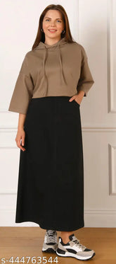 Black denim maxi skirt with zip, lightweight & breathable for women. Made-in-India fashion trend