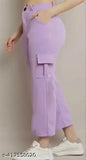 Purple lycra cargo pants with multiple pockets, vibrant color ideal for active women's wardrobe