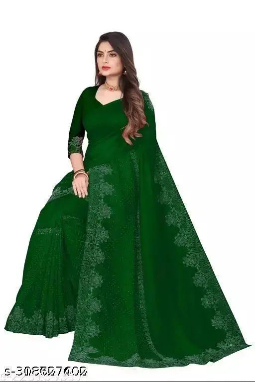 Trending green Georgette silk saree with hotfix diamond work and chiffon blouse, same color, embellished pattern