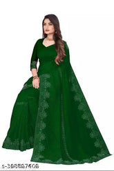 Trending green Georgette silk saree with hotfix diamond work and chiffon blouse, same color, embellished pattern