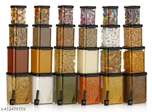 Airtight container set: 350ml, 650ml, 950ml, 1400ml in black; durable plastic fridge storage solutions for kitchen organization (pack of 24)