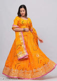 Rajasthani women's Kota Doria lehenga with heavy Aari work - Solid color, semi-stitched, lightweight, traditional Indian attire, handcrafted Bandhani prints