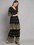 Floral printed pleated A-line kurta with rayon palazzos, intricate Adda handwork and Kantha work embellishments