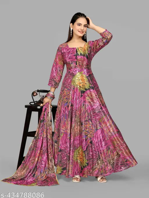 Digital floral print floor-length Anarkali gown, art silk, vibrant colors, long sleeves, Indian origin