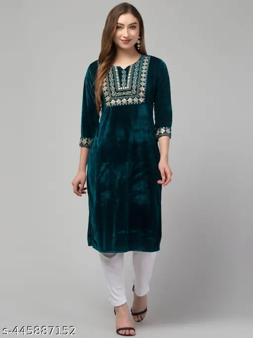Premium quality, three-quarter sleeve velvet kurti with Zari embroidery - India made, ideal for parties, festivals, and office wear