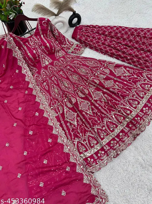 Designer chiffon party gown with sharara collection, heavy embroidery work, and dupatta in pure heavy Chinnon silk