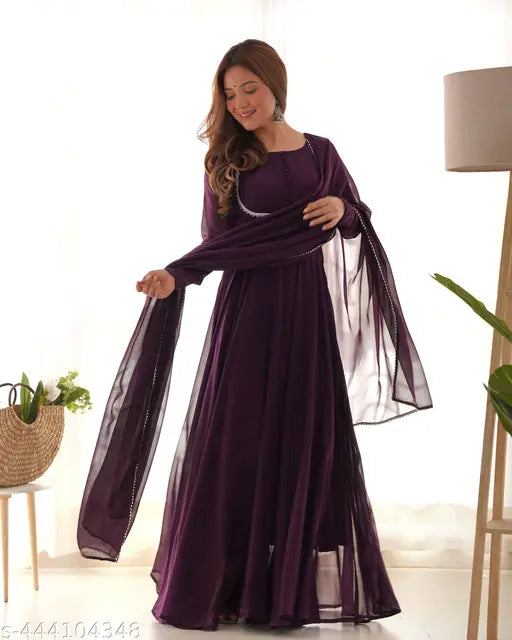 Exquisite purple Anarkali gown with dupatta (Georgette, long sleeves, solid pattern), India-made, ideal for special events