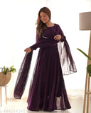 Exquisite purple Anarkali gown with dupatta (Georgette, long sleeves, solid pattern), India-made, ideal for special events