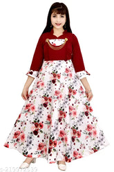 Maroon three-quarter sleeve girls maxi dress, cotton blend western wear for special occasions, Indian-made stylish girls' gown