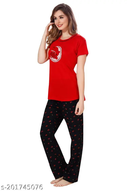 Red (Cherry Red) hosiery cotton printed half-sleeve T-shirt & pyjama pants set - Women's nightwear for casual, home, sleep, yoga, vacation or beach wear