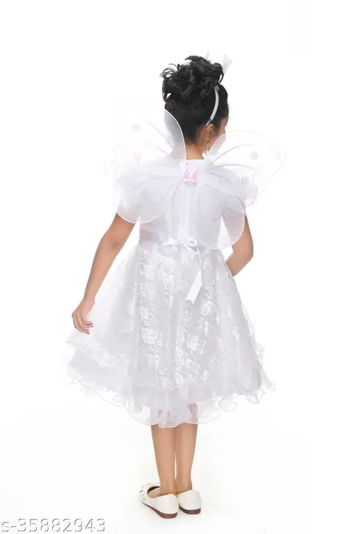 White net girls dress, self-designed ready-made birthday outfit for 3-4 years (size 12in x 23in), Indian kids wear with angel design