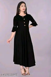 Black Rayon Maxi Kurta, stylish woman's fashion solid-colored three-quarter sleeve dress from India