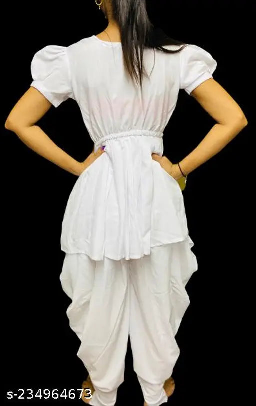 Girls clothing sets in self-design crepe, A-line dhoti pants with short sleeves. Multiple sizes available for ages 3-16 years, originating from India