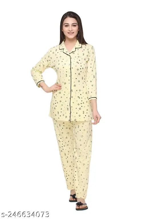 Women's cotton all-over printed front open nightsuit set, three-quarter sleeves pyjamas in various sizes