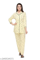 Women's cotton all-over printed front open nightsuit set, three-quarter sleeves pyjamas in various sizes