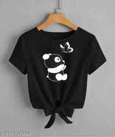 Black lycra crop top with panda and butterfly print, long sleeves, S-XL sizes