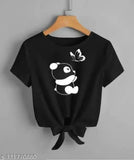 Black lycra crop top with panda and butterfly print, long sleeves, S-XL sizes