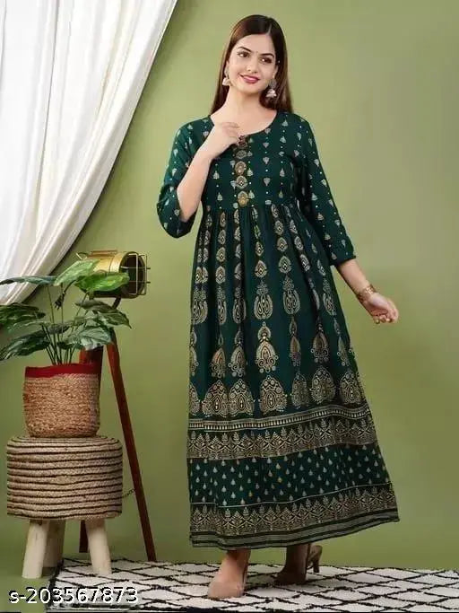 Green rayon kurti with printed combo, three-quarter sleeve length for women, India origin
