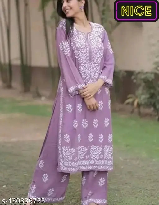Embroidered rayon Chikankari Kurti Plazzo set for women, three-quarter sleeves, Indian embroidery work on display