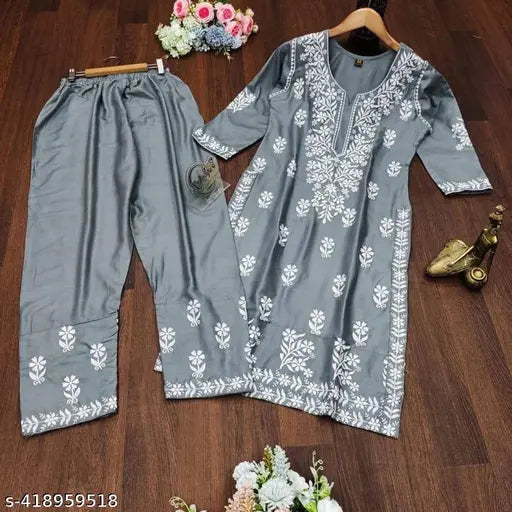 Rayon chikankari work kurti set with printed dupatta for women, three-quarter sleeves, rayon fabric