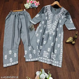 Rayon chikankari work kurti set with printed dupatta for women, three-quarter sleeves, rayon fabric