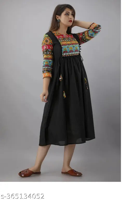 Trendy rayon A-line printed kurti in solid Anarkali style, three-quarter sleeves with vibrant Indian print. Size: S, M, L, XL, XXL, XXXL, 4XL, 5XL