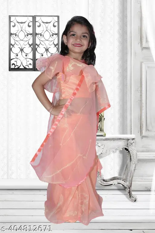Tussar Silk kids Lahenga Choli with dupatta - Self-designed applique patterns, short sleeves, various sizes from 6-12 months to 8-9 years, made in India