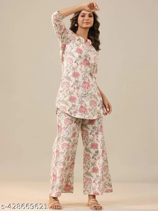 Ethnic cotton kurta with printed net palazzos set, women's clothing for Indian festivals or parties
