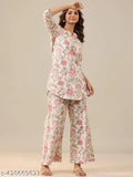 Ethnic cotton kurta with printed net palazzos set, women's clothing for Indian festivals or parties
