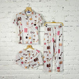 Silk blend quirky night suit combo: shirt, pajamas, shorts for comfort and luxury