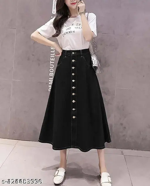 Black denim maxi A-line skirt, lightweight & breathable, perfect for all body types. Denim skirt for women with various sizes available (Sizes: 26, 28, 30, 32, 34, 36, 38, 40, 42, 44, 46). Made in India