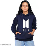 Navy fleece BTS printed hoodie, perfect for unisex kids & adults, kangaroo pockets, ideal winter wear