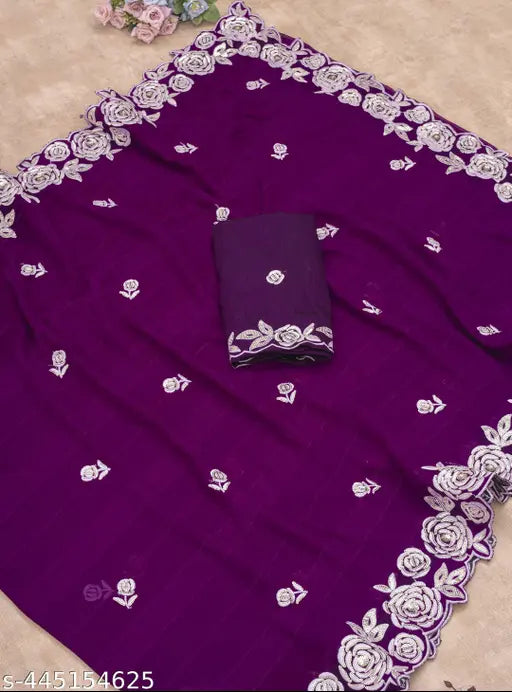 Radiant Georgette Sari with Sequinned Floral Embroidery & Satin Blouse, traditional-modern Indian wedding wear