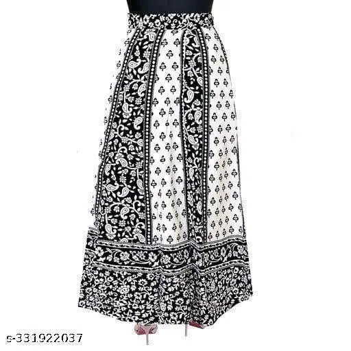 Printed net cotton Anakali skirt, beautiful and cozy with adjustable belt for casual wear. Available in various sizes from Free Size (44 inches waist, 38 inches length, 40 inches hip) to XL (40 inches waist, 41 inches length, 32 inches hip), India origin