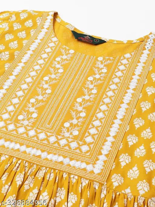Rayon printed embroidery Anarkali kurta, trendy long festive wear for women, India origin