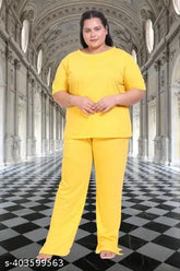 Indian-made women's Plus Size CANIDAE T-Shirt & Pajama Co-ord Set, solid color with round neck and half sleeves