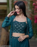 Georgette mirror work ensemble: top, palazzos, shrug - intricate Indian embroidery on stylish women's wear