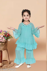 Green soft silk palazzo set with embellished three-quarter sleeves for children aged 1-5 years, originating from India