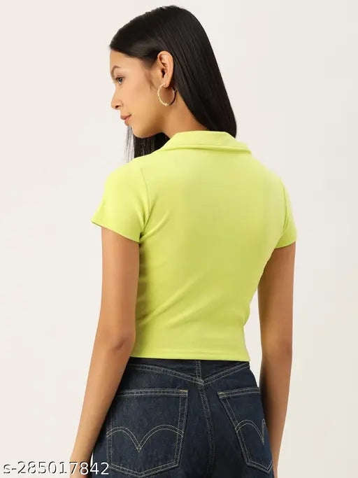 Cotton rib, trendy crop T-shirts for women - solid color, short sleeves, Indian origin