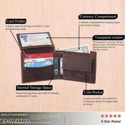 ABOOST RFID-protected brown leather wallet for men, featuring 2 compartments and multiple card slots. High-quality genuine leather, handcrafted in India